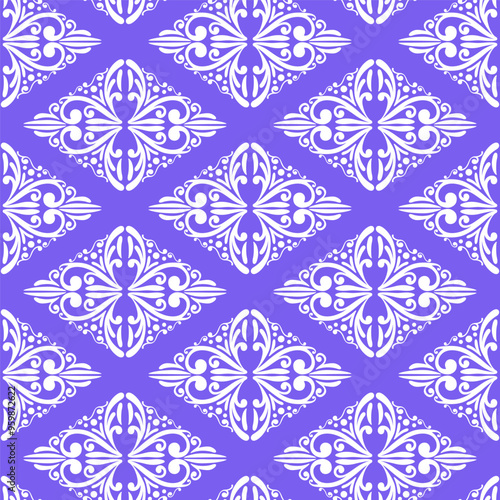 Damask seamless pattern. Purple and white texture. Vector illustration. Wrapping paper, textiles. Nice background