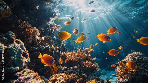 A group of colorful tropical fish swimming through a vibrant coral reef photo