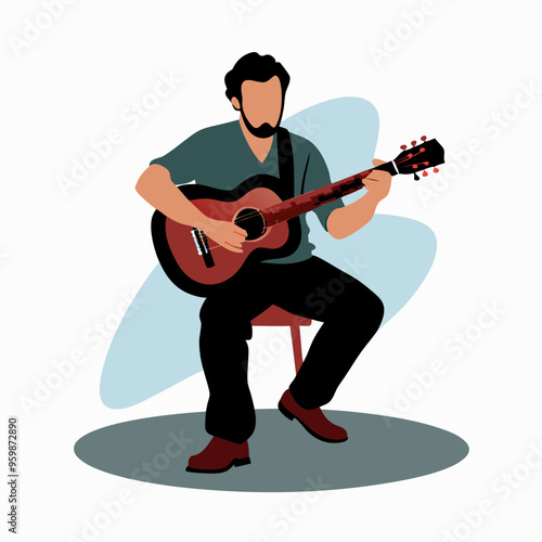 Man passionately playing acoustic guitar against abstract background
