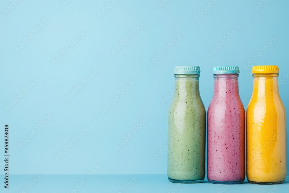 Three vibrant smoothie bottles in green, pink, and yellow showcase a blend of fruits and health on a clean blue backdrop, inviting a refreshing and nutritious moment. Three vibrant smoothie bottles in green, pink, and yellow showcase a blend of fruits and health on a clean blue backdrop, inviting a refreshing and nutritious moment.