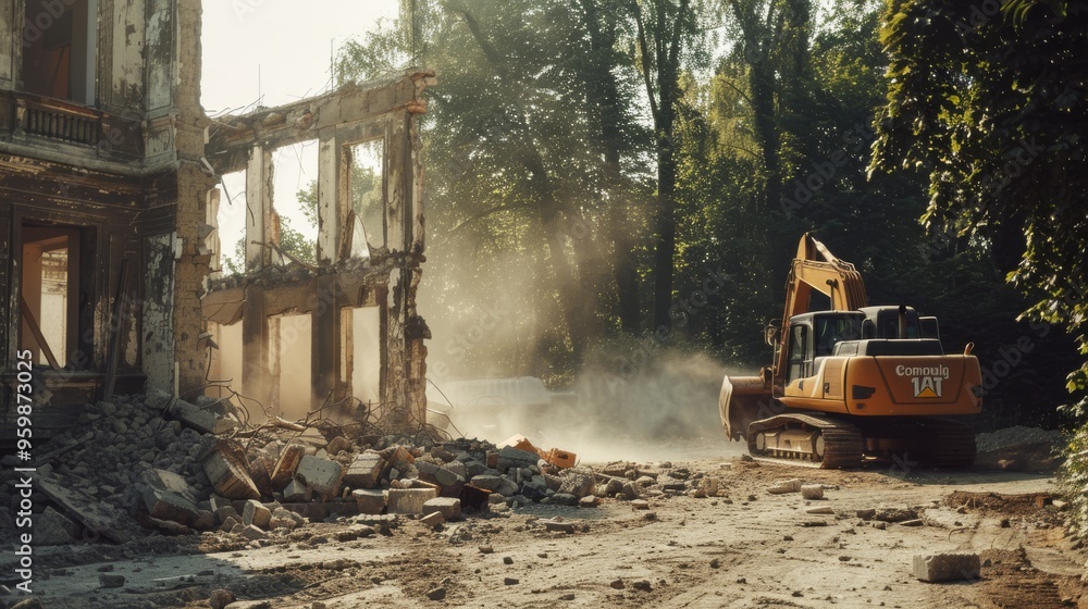 A construction site in action, with a yellow excavator demolishing an old building and creating a dynamic, dusty scene. A construction site in action, with a yellow excavator demolishing an old building and creating a dynamic, dusty scene.