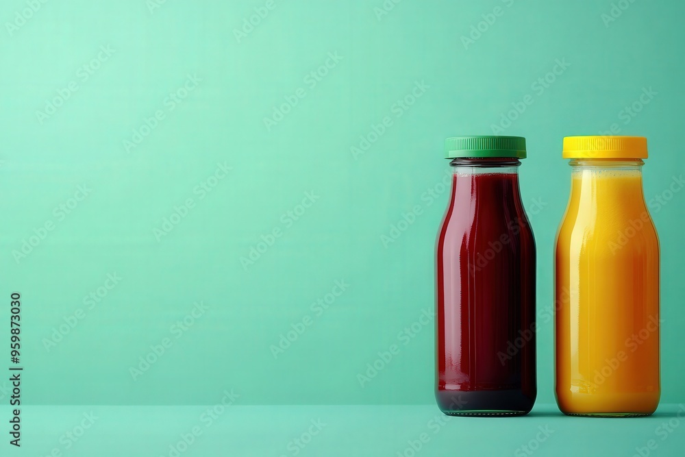 Two vibrant smoothie bottles sit on a solid backdrop, showcasing the rich colors of fruit blends. The mood is fresh and inviting, perfect for those seeking nutritious refreshment. Two vibrant smoothie bottles sit on a solid backdrop, showcasing the rich colors of fruit blends. The mood is fresh and inviting, perfect for those seeking nutritious refreshment.