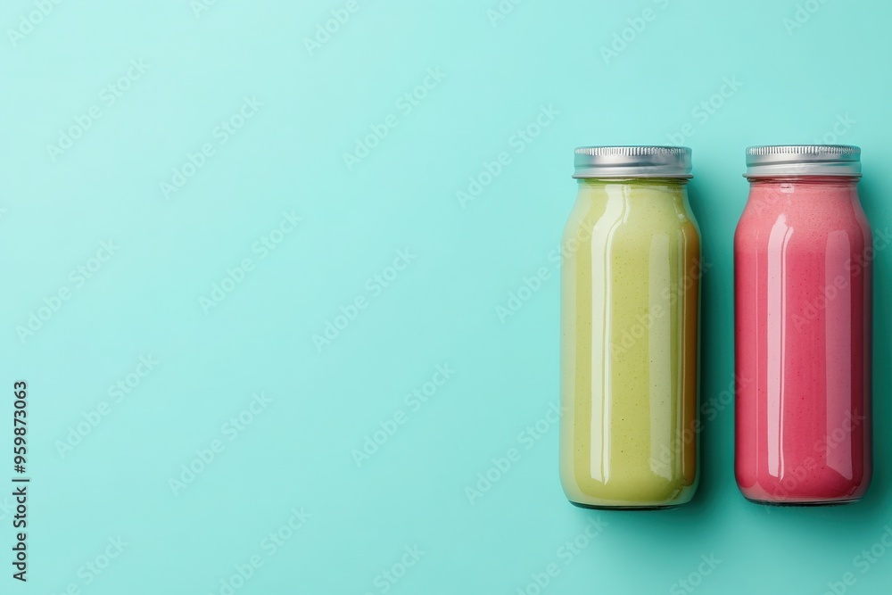 Two beautifully crafted smoothie bottles stand side by side, one a vibrant green and the other a bright pink, set against a cheerful solid background that enhances their appealing colors. Two beautifully crafted smoothie bottles stand side by side, one a vibrant green and the other a bright pink, set against a cheerful solid background that enhances their appealing colors.