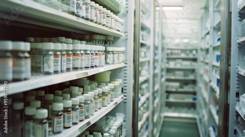 A meticulously organized medical storage room with an array of medicine bottles, capturing reliability and modern healthcare precision.