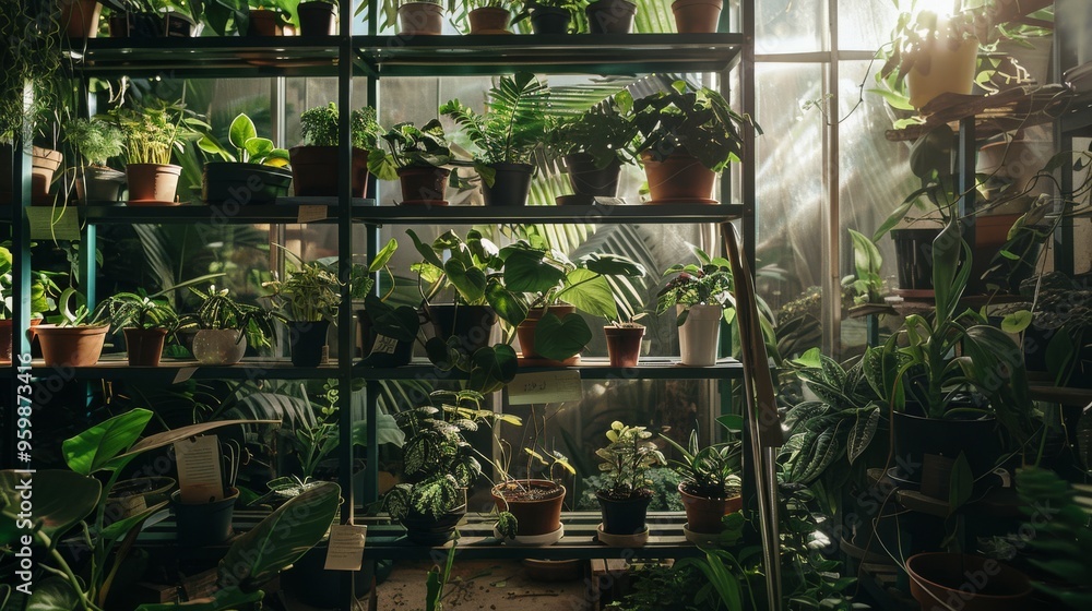 Sunlight streams into a lush greenhouse filled with a variety of vibrant potted plants arranged on metal shelves. Sunlight streams into a lush greenhouse filled with a variety of vibrant potted plants arranged on metal shelves.