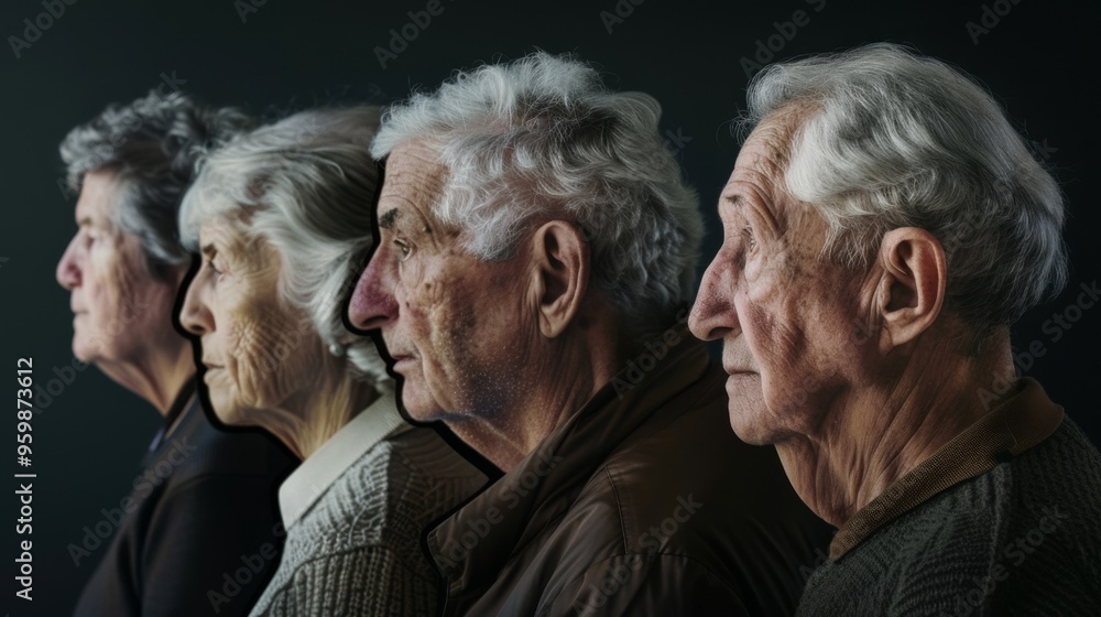 Four elderly individuals are shown in a profile view against a dark background, vividly capturing their aged features and expressions in a solemn arrangement. Four elderly individuals are shown in a profile view against a dark background, vividly capturing their aged features and expressions in a solemn arrangement.
