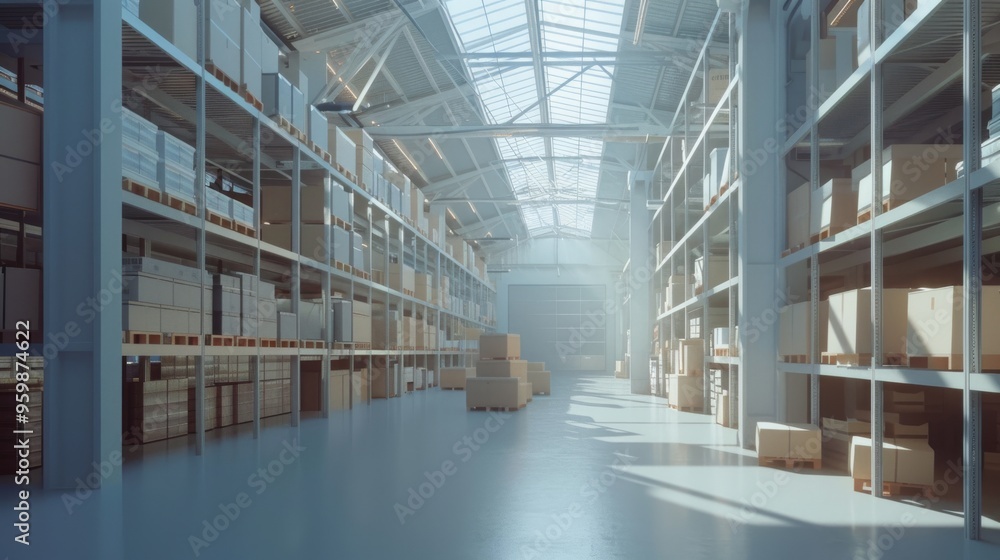 A spacious, sunlit warehouse lined with stacked boxes and tall shelves, conveying a sense of order and industrial efficiency. A spacious, sunlit warehouse lined with stacked boxes and tall shelves, conveying a sense of order and industrial efficiency.