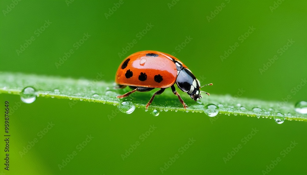 Fototapeta premium A ladybug with black spots perched on a green leaf with dewdrops.