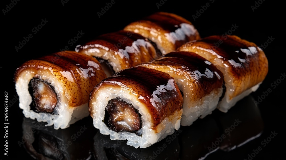 Eel Maki Maki roll made of Smoked Eel Japanese food Japanese cuisine Japanese seafood Isolate in black background Eel Maki Maki roll made of Smoked Eel Japanese food Japanese cuisine Japanese seafood Isolate in black background