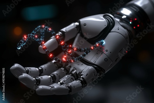 A close-up of a robotic hand holding a digital DNA strand, symbolizing AI's role in genetic research and bioengineering