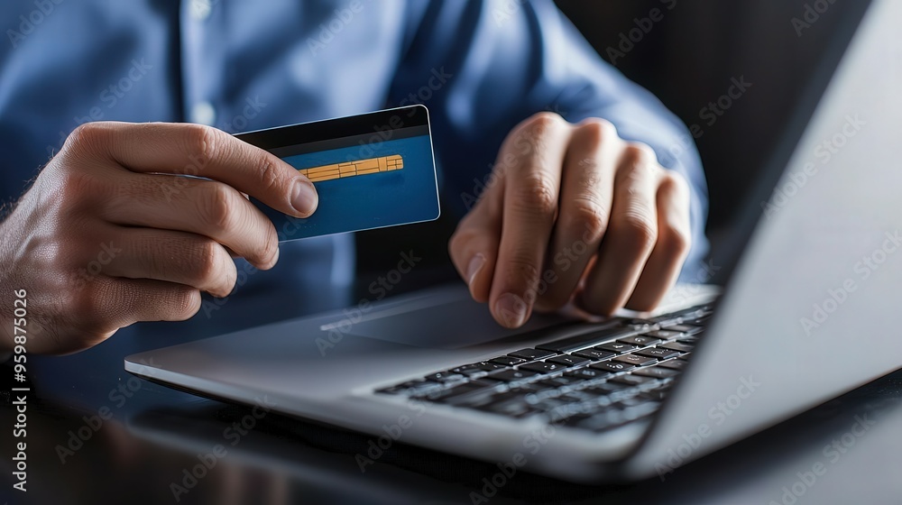 A person using a laptop holds a credit card, symbolizing online shopping and secure payment processes in a modern setting. A person using a laptop holds a credit card, symbolizing online shopping and secure payment processes in a modern setting.