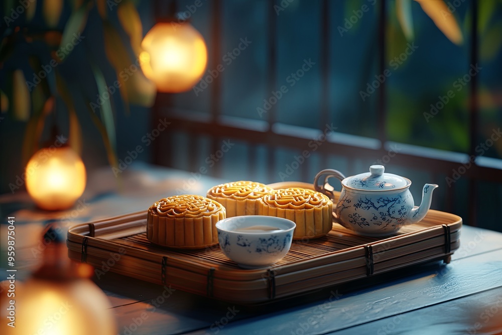 Obraz premium A Mid-Autumn Festival night scene showcasing mooncakes