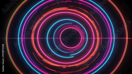 Bright laser beams forming concentric circles, vivid neon colors, dynamic and futuristic stage setup