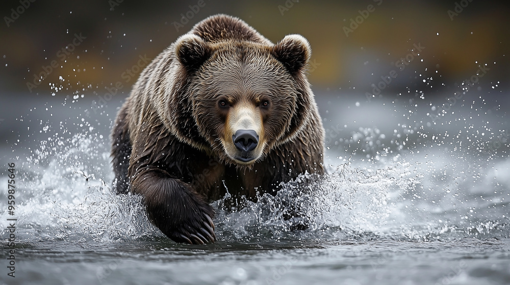Obraz premium A powerful grizzly bear fishing for salmon in a rushing river