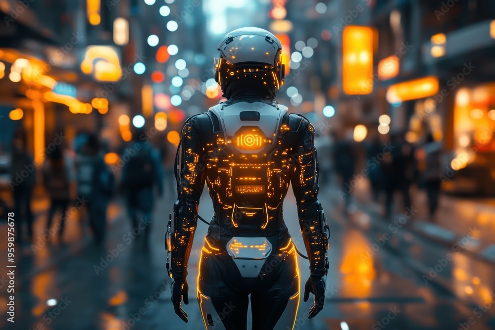 A person in a futuristic suit with embedded AI sensors, representing the integration of AI in enhancing human physical capabilities A person in a futuristic suit with embedded AI sensors, representing the integration of AI in enhancing human physical capabilities