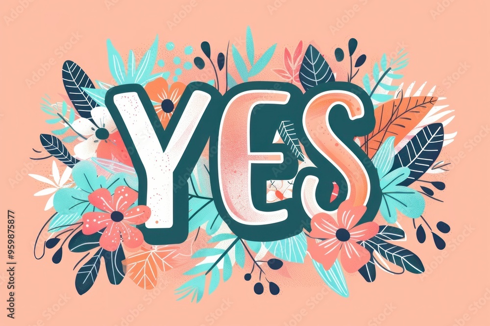 Positive affirmation with the word YES surrounded by vibrant flowers and leaves on a soft pink background Positive affirmation with the word YES surrounded by vibrant flowers and leaves on a soft pink background