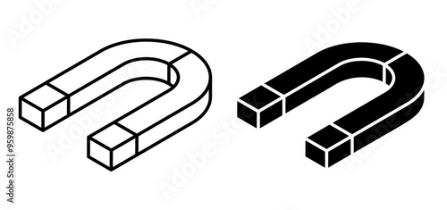 Linear icon, Isometric magnet in shape of horseshoe with designation of poles of attraction. Simple black and white vector isolated on white background