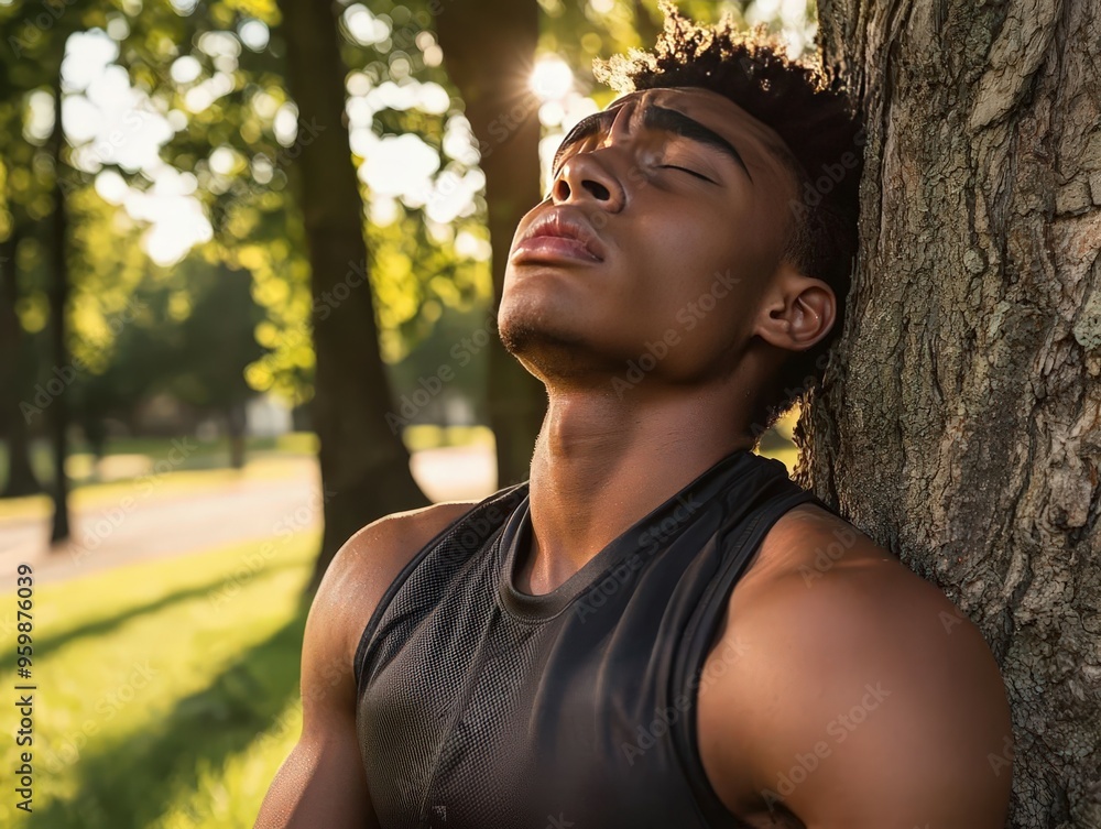 A young man enjoying a moment of relaxation outdoors, leaning against a tree, basking in warm sunlight. A young man enjoying a moment of relaxation outdoors, leaning against a tree, basking in warm sunlight.