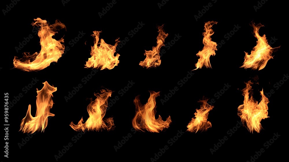 Fototapeta premium Collection of vibrant flames showcasing unique shapes and movements, ideal for backgrounds and creative designs.