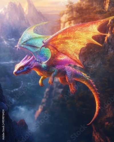 A vibrant, colorful dragon soaring through a majestic landscape, showcasing fantasy and imagination in a breathtaking scene.