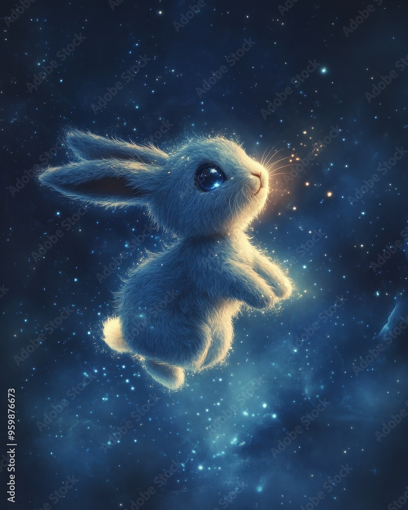 A whimsical bunny floats through a starry cosmos, embodying magic and innocence in a dreamy, ethereal atmosphere. A whimsical bunny floats through a starry cosmos, embodying magic and innocence in a dreamy, ethereal atmosphere.