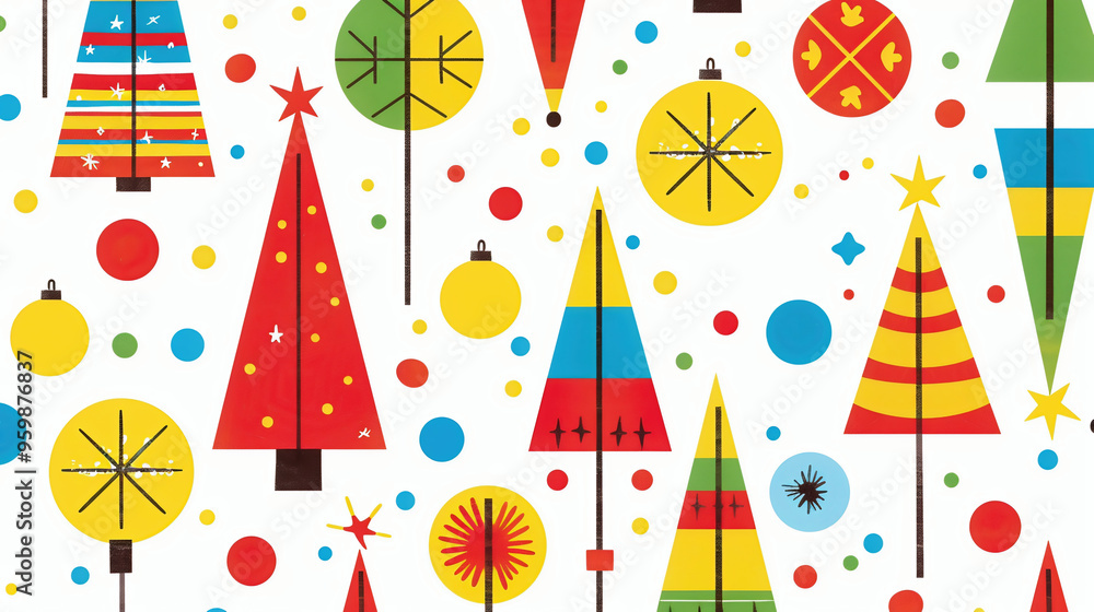 A modern Christmas pattern with minimalistic geometric shapes, abstract Christmas trees, and bright, bold colors A modern Christmas pattern with minimalistic geometric shapes, abstract Christmas trees, and bright, bold colors