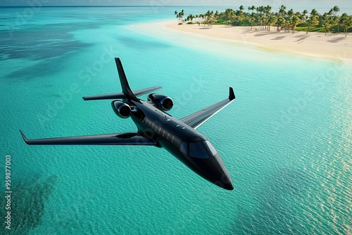 A sleek, black private jet swoops low over the turquoise ocean, reflecting the brilliant sunlight off its polished exterio photo