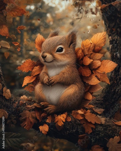 Cute squirrel surrounded by autumn leaves, showcasing nature's beauty and vibrant fall colors in a serene forest setting.