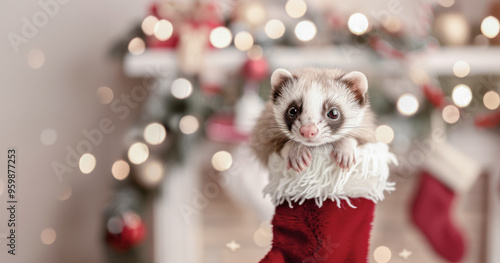 Cute ferret in Christmas stocking, festive holiday scene with adorable pet, lights in background, celebrating season concept photo