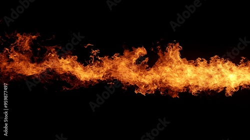 Dynamic flame line against a black background, capturing the intense movement and vibrant orange hues of a fire in motion. photo