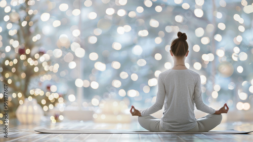 Woman practicing yoga in a peaceful Christmas setting, soft bokeh lights and decorated tree in background, tranquil meditation during festive season, mindfulness concept.