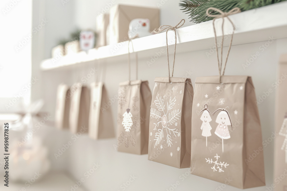 Rustic advent calendar with hand-decorated brown paper bags hanging on a twine, festive and simple Rustic advent calendar with hand-decorated brown paper bags hanging on a twine, festive and simple