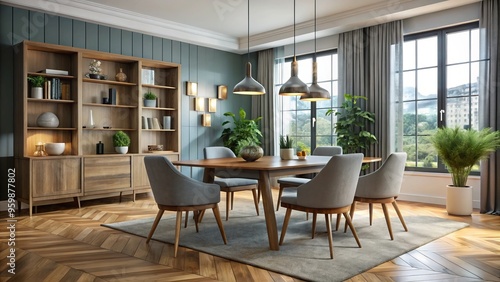 Modern dining room furniture set with table, chairs, rug, and decorations in a sophisticated and stylish living space