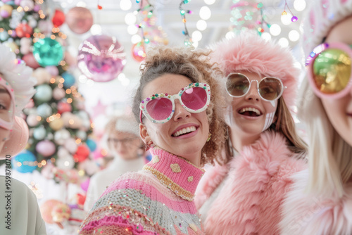 Group of friends celebrating Christmas with festive lights and colorful decorations. photo