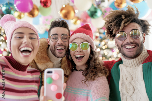 Group of friends in festive attire taking a cheerful holiday selfie, surrounded by colorful Christmas decorations. Perfect for capturing the joy and camaraderie of the season photo