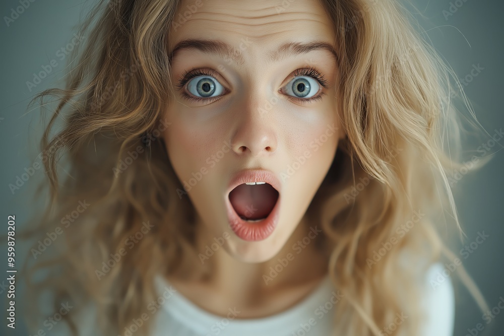 A young woman looks into the camera with her mouth open and a shocked look. Amazed and excited facial expression, unexpected joy, screams, emotion of surprise and impressions A young woman looks into the camera with her mouth open and a shocked look. Amazed and excited facial expression, unexpected joy, screams, emotion of surprise and impressions