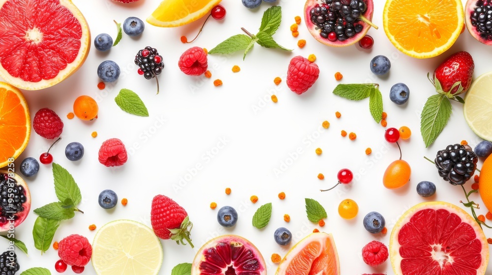 A vibrant assortment of fruits and berries arranged around a white background, featuring citrus slices, raspberries, blueberries, and mint leaves. Ideal for food-related designs and healthy lifestyle A vibrant assortment of fruits and berries arranged around a white background, featuring citrus slices, raspberries, blueberries, and mint leaves. Ideal for food-related designs and healthy lifestyle