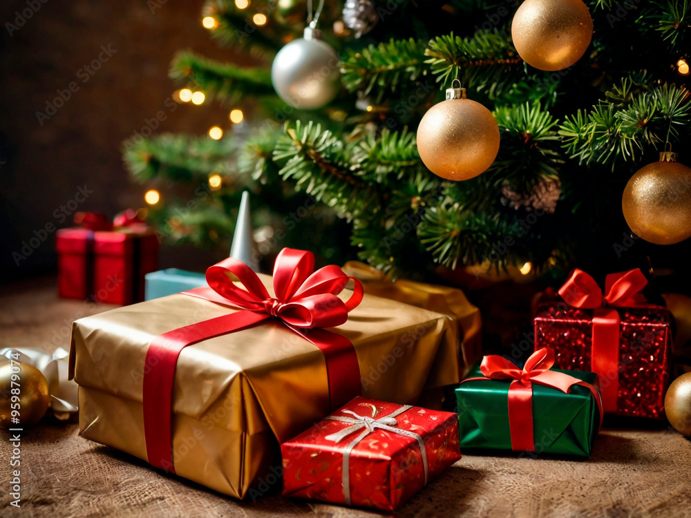 Christmas tree with presents and decorations on rustic wooden background. Selective focus. Christmas tree with presents and decorations on rustic wooden background. Selective focus.