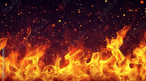 Vibrant flames and sparks on a dark background, showcasing the intense heat and dynamic movement of fire.