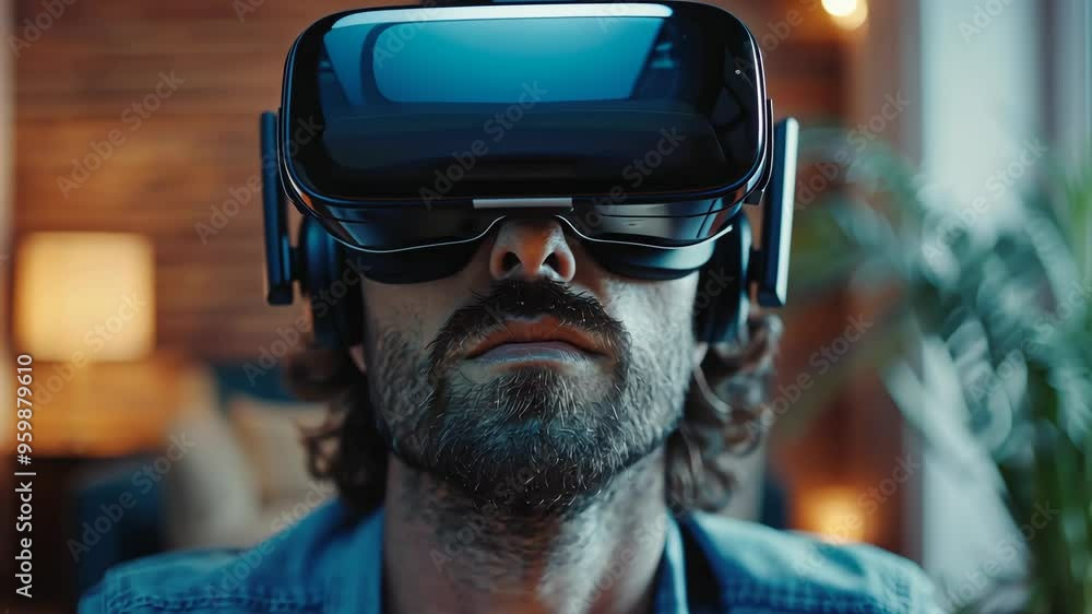 Man immersed in virtual reality experience wearing headset at home in the evening Man immersed in virtual reality experience wearing headset at home in the evening