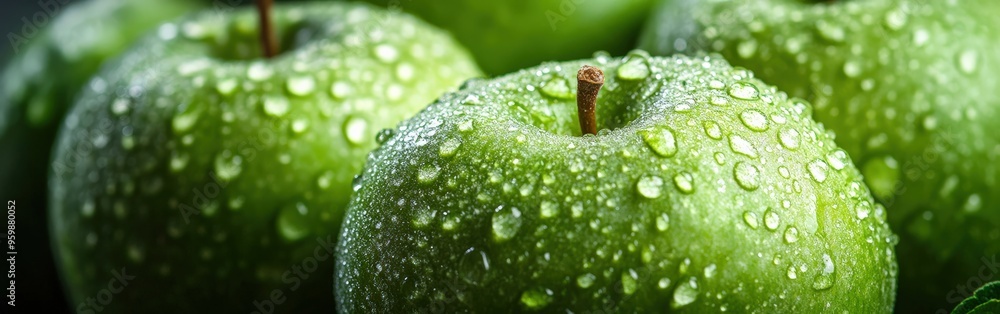 Close-Up of Fresh Green Apples with Water Droplets Healthy Eating Close-Up of Fresh Green Apples with Water Droplets Healthy Eating