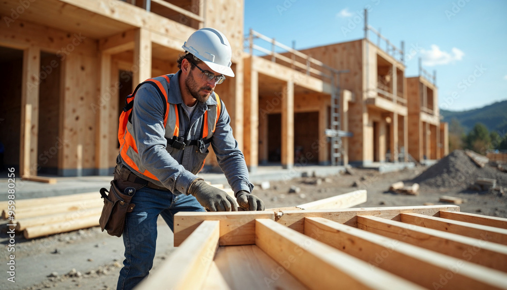Construction worker assembling wooden beams at a building site, with safety gear and natural light.
Construction worker assembling wooden beams at a building site, with safety gear and natural light.