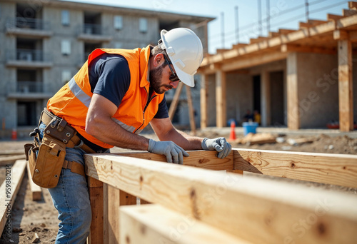 Construction worker assembling wooden beams at a building site, with safety gear and natural light.