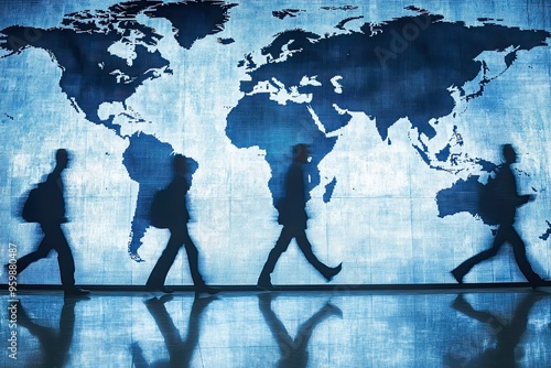 Silhouettes of people walking in front of a world map, symbolizing global movement and connection.