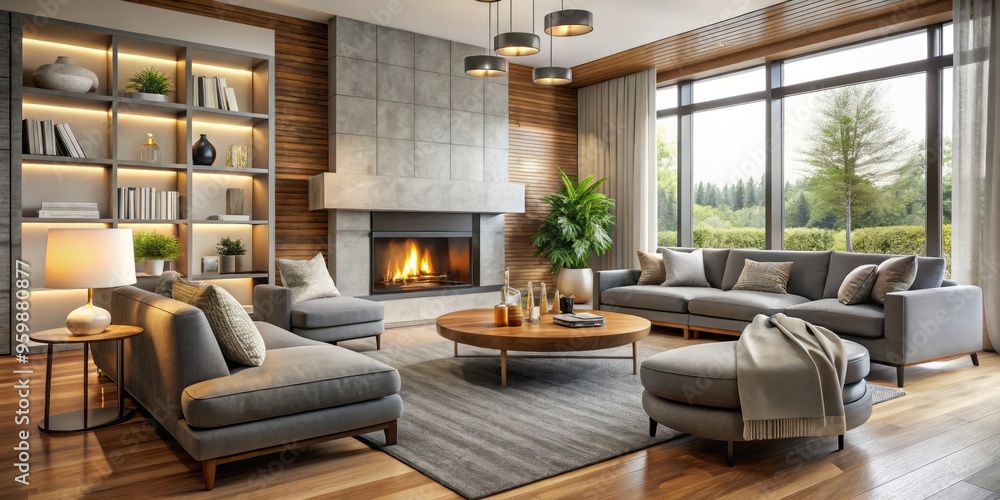 Naklejka premium A sleek and stylish modern living room features a spacious sofa alongside matching chairs and a plush ottoman,