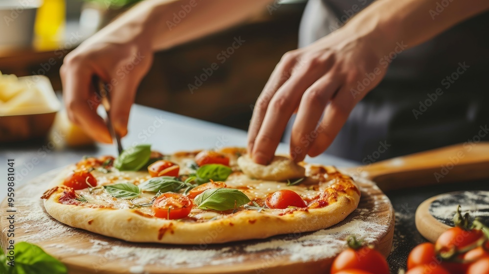 Close-up of hands meticulously preparing a homemade pizza with fresh basil and cherry tomatoes on a wooden board. The pizza features a golden crust and vibrant toppings, creating a mouthwatering scene Close-up of hands meticulously preparing a homemade pizza with fresh basil and cherry tomatoes on a wooden board. The pizza features a golden crust and vibrant toppings, creating a mouthwatering scene