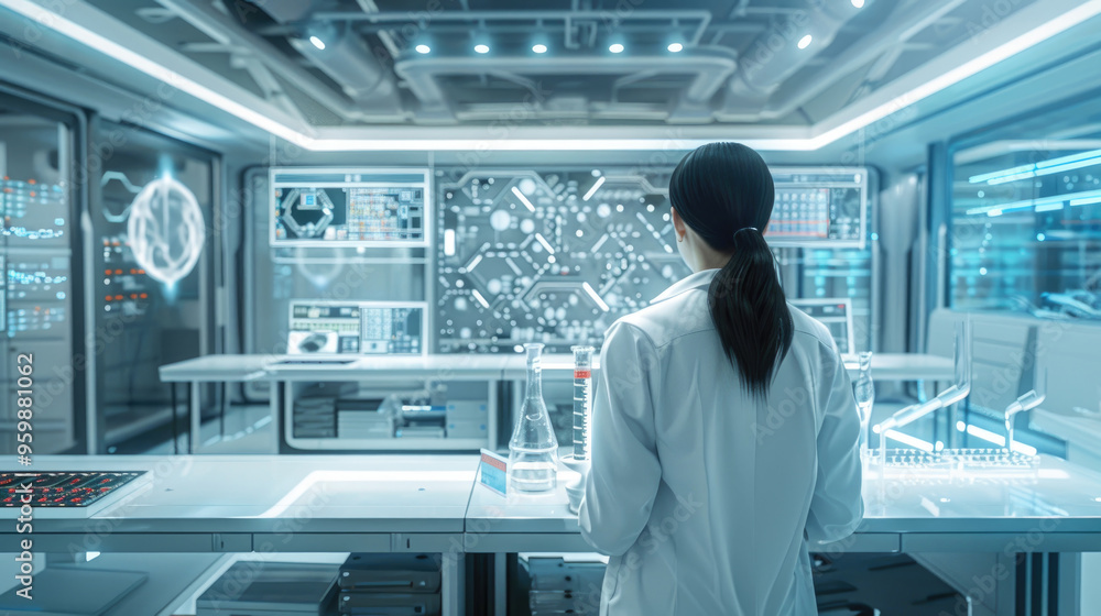 A researcher in a lab coat analyzes data while standing in a high-tech laboratory with futuristic displays and equipment A researcher in a lab coat analyzes data while standing in a high-tech laboratory with futuristic displays and equipment