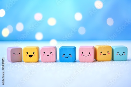 Colorful wooden blocks with smiling faces, creating a cheerful and playful atmosphere.