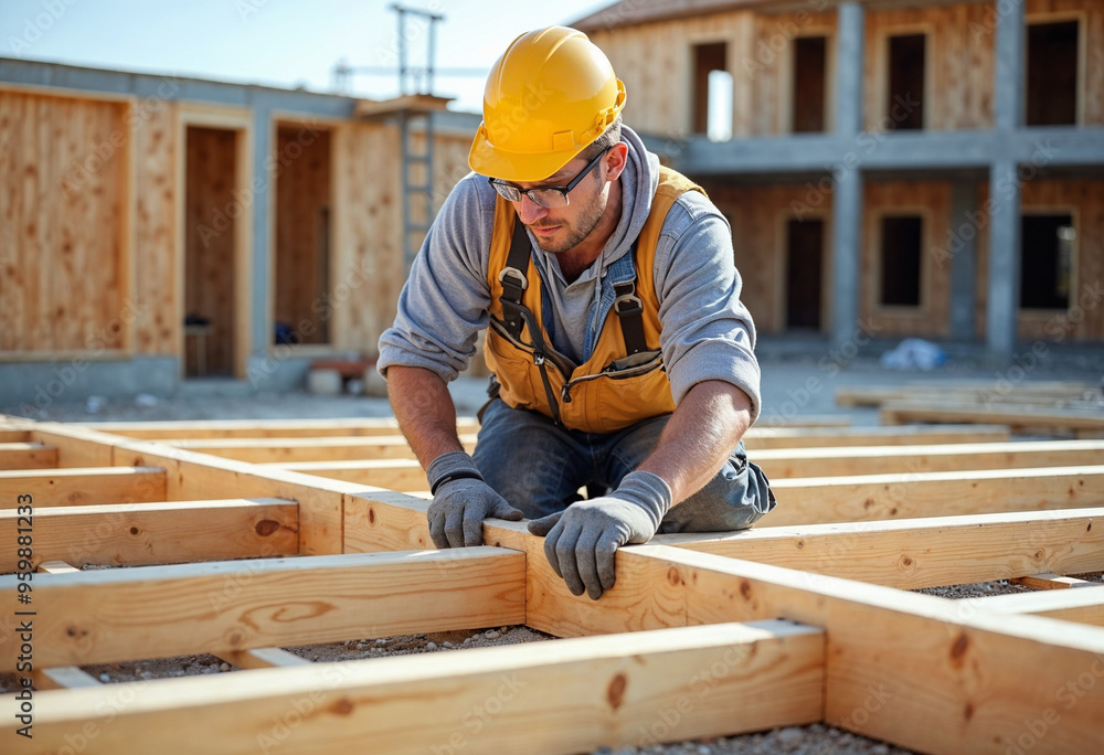 Construction worker assembling wooden beams at a building site, with safety gear and natural light.
Construction worker assembling wooden beams at a building site, with safety gear and natural light.