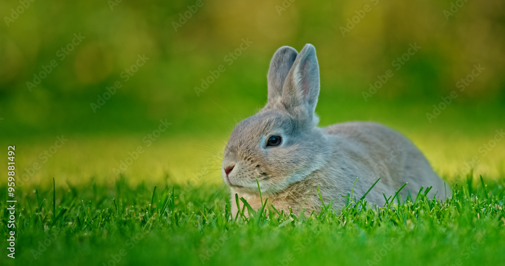 Fototapeta premium A rabbit sits on a green meadow illuminated by the evening sun.